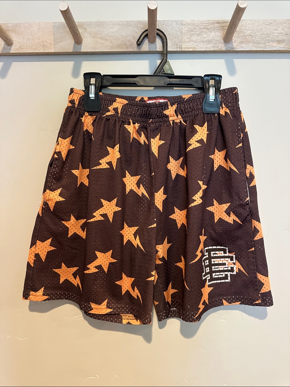 Eric Emanuel Brown Shorts with Orange Star Pattern
